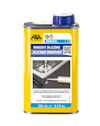 Fyrkantig gul flaska märkt "Rimuovi Silicone - Silicone Remover" med blå kork, 250 ml. Bild på diskbänk med appliceringsverktyg.