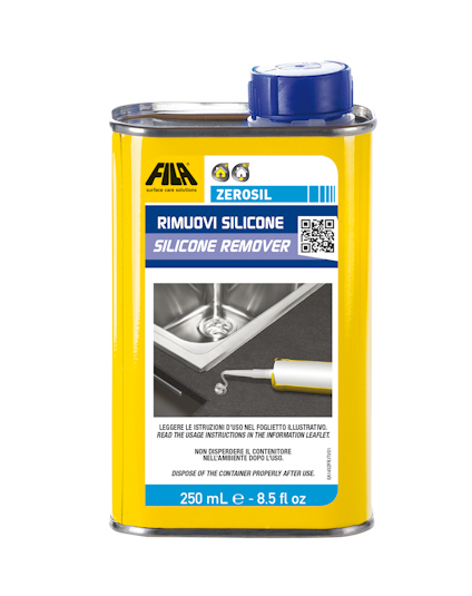 Fyrkantig gul flaska märkt "Rimuovi Silicone - Silicone Remover" med blå kork, 250 ml. Bild på diskbänk med appliceringsverktyg.