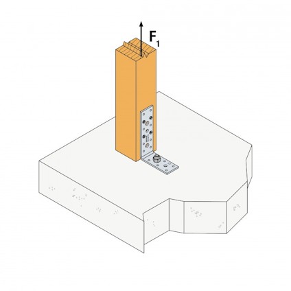 Illustration av en träbalk fäst vid en betongbas med en metallbeslag. Pilar visar en kraft, F1, uppåt.