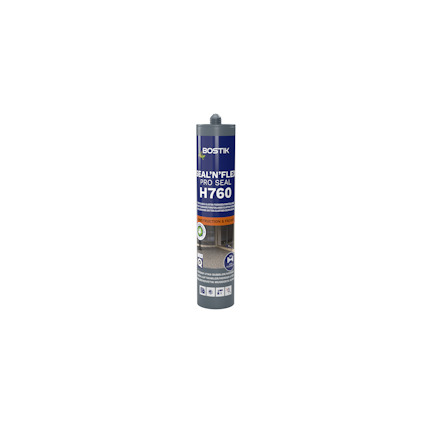 Patron med etiketttext "Bostik Seal'N'Flex Pro Seal H760" och symboler på grå och blå bakgrund.