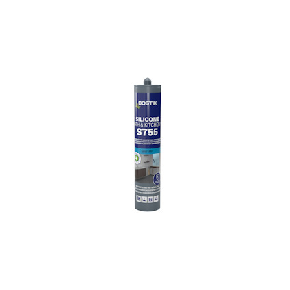Förpackning med Bostik S755 Silicone Bath & Kitchen med blå etikett och text samt symboler för produktens egenskaper.