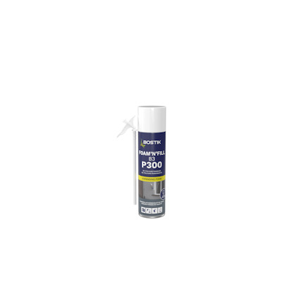 Sprayburk med texten: "Bostik FOAM’N’FILL P300 B3". Design i blått och vitt med en bild av applicering.