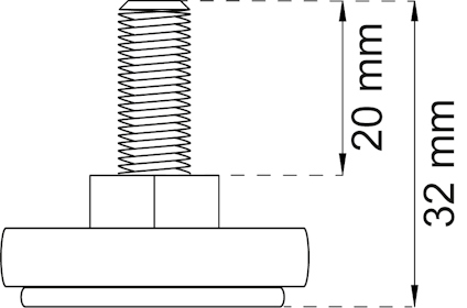 Skiss av en skruv med mätningar: höjd 20 mm, total längd 32 mm visade med pilar.