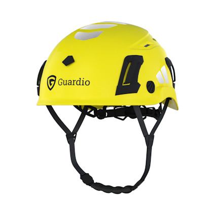 Gul skyddshjälm med svarta remmar och reflexdetaljer. Logotypen "Guardio" syns på sidan.