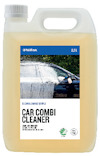 Plastdunk med rengöringsmedel, etikett visar bilruta som rengörs. Text: "Nilfisk Car Combi Cleaner 2.5L".