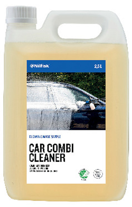Plastdunk med rengöringsmedel, etikett visar bilruta som rengörs. Text: "Nilfisk Car Combi Cleaner 2.5L".