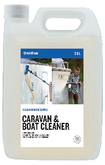 Plastdunk med handtag, etikett för Caravan & Boat Cleaner, 2,5L, visar man som rengör en husvagn.