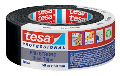 Svart tejprulle med etikett "tesa Professional Pro Strong Duct Tape", detaljer om storlek och användning på sidan.