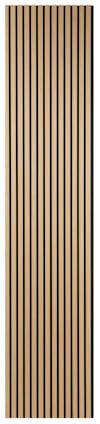 Ljus ekfärgad akustikpanel med smala, vertikala svarta spår på en rektangulär panel.