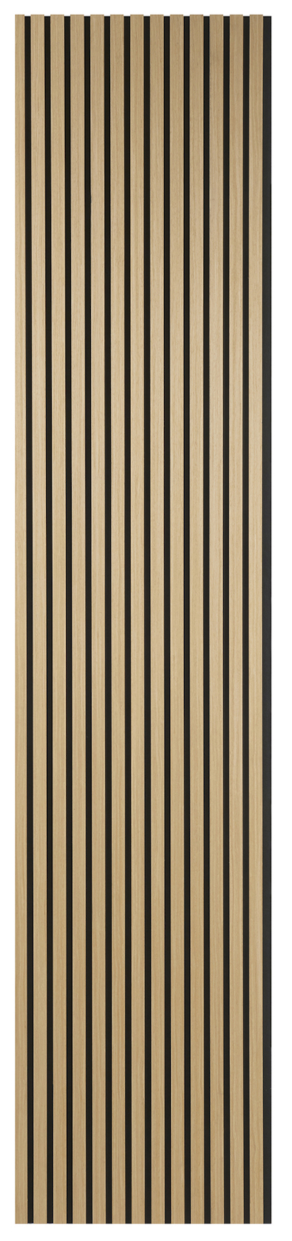 Ljus ekfärgad akustikpanel med smala, vertikala svarta spår på en rektangulär panel.