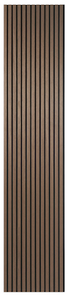 Träfärgad väggpanel med vertikala, parallella ribbor i mörkare nyans.