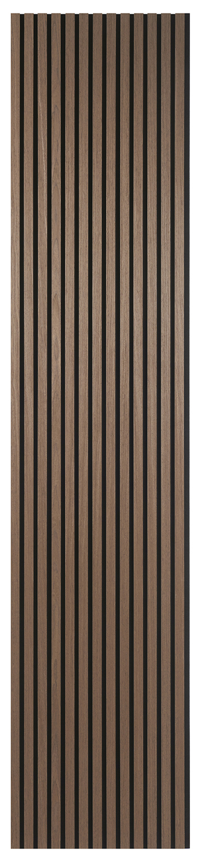 Träfärgad väggpanel med vertikala, parallella ribbor i mörkare nyans.