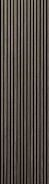 Träpanel med vertikala, smala ränder i en grå ekton.
