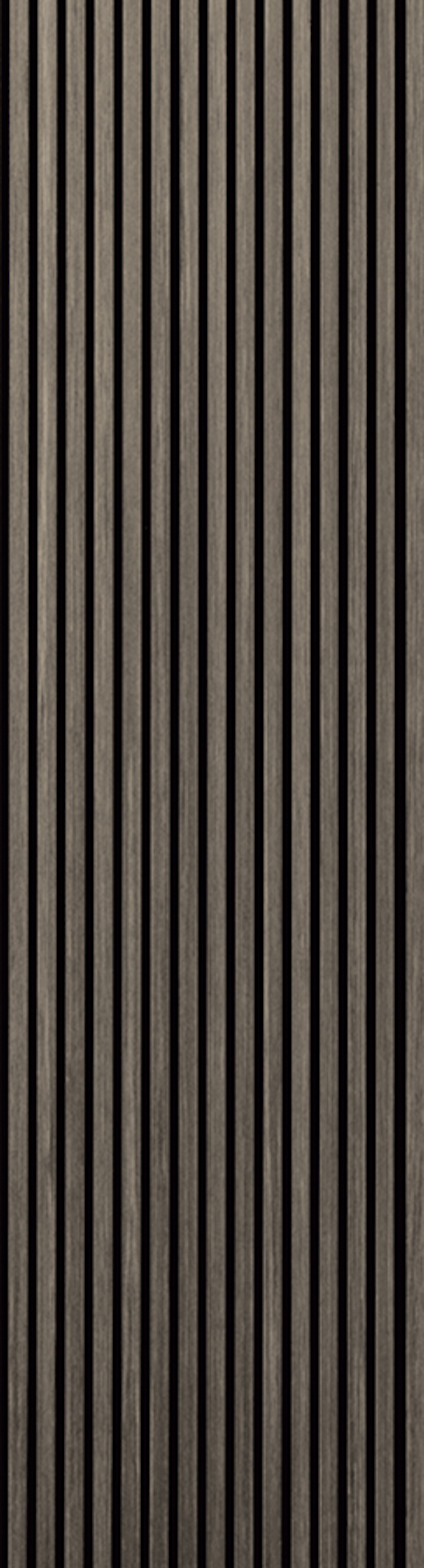 Träpanel med vertikala, smala ränder i en grå ekton.