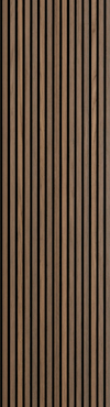 Träpanel med vertikala svarta spår och en yta i oljad ek.