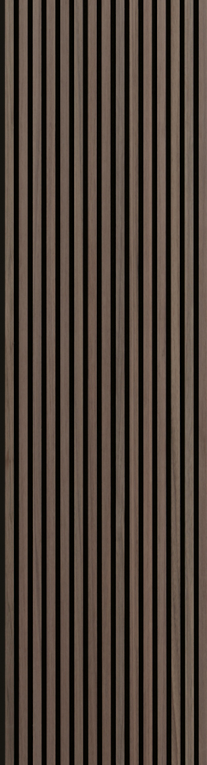 Mörkbrun, rektangulär väggpanel med lodräta, smala ribbor i jämna intervaller.