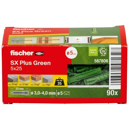 Förpackning med gröna nylonpluggar från Fischer, märkt "SX Plus Green 5x25", innehållande 90 stycken pluggar.