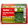 Förpackning med gröna nylonpluggar, märkt "fischer SX Plus Green 6x30", innehåller 90 stycken.