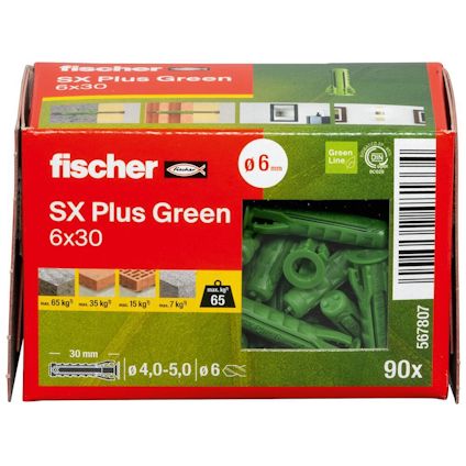 Förpackning med gröna nylonpluggar, märkt "fischer SX Plus Green 6x30", innehåller 90 stycken.