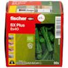 Förpackning med gröna nylonpluggar från Fischer, SX Plus 8x40, synlig genom ett genomskinligt fönster på framsidan.
