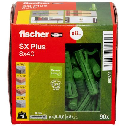 Förpackning med gröna nylonpluggar från Fischer, SX Plus 8x40, synlig genom ett genomskinligt fönster på framsidan.
