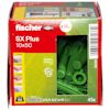 Förpackning med gröna nylonpluggar märkt "fischer SX Plus 10x50", innehållande flera pluggar.