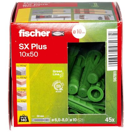 Förpackning med gröna nylonpluggar märkt "fischer SX Plus 10x50", innehållande flera pluggar.