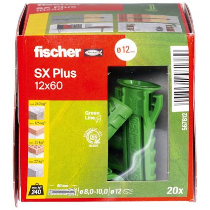 Förpackning med gröna Fischer SX Plus nylonpluggar, storlek 12x60 mm, innehåller 20 stycken.