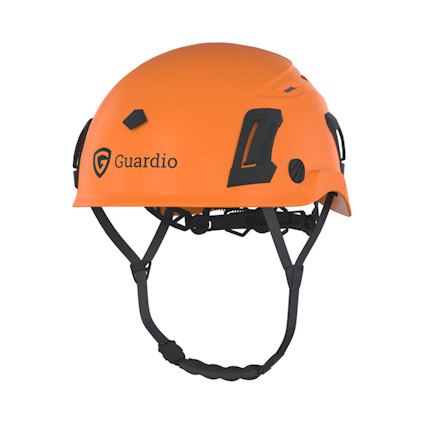 Orange skyddshjälm med texten "Guardio" och justerbara remmar.