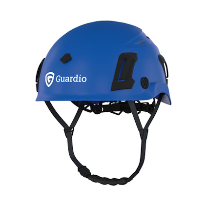 Koboltblå skyddshjälm med justerbart hakband och ventilationsöppningar, märkt med "Guardio".