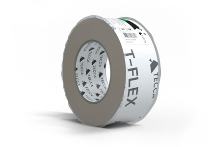 Rulle av tätningstejp märkt med "T-FLEX" och "TECTA" i en svartvit design.