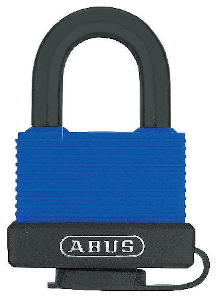 Blått hänglås med svart bygel och texten "ABUS" i vitt på svart botten.