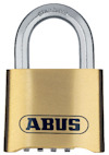 Hänglås med mässingsfärgat hus och rostfri metallbygel. Märkt "ABUS" i svart text.