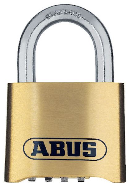 Hänglås med mässingsfärgat hus och rostfri metallbygel. Märkt "ABUS" i svart text.