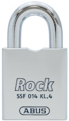 Hänglås i metall med texten "Rock SSF 014 KL.4" och "ABUS" på framsidan.