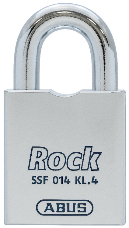 Hänglås i metall med texten "Rock SSF 014 KL.4" och "ABUS" på framsidan.
