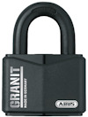 Svart hänglås med texten "GRANIT" och "MADE IN GERMANY" samt ABUS-logotypen.