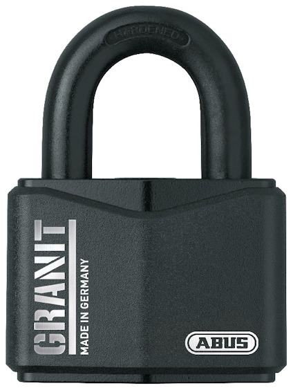 Svart hänglås med texten "GRANIT" och "MADE IN GERMANY" samt ABUS-logotypen.