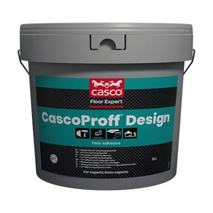 Grå hink med handtag och text "CascoProff Design Floor Adhesive" på etiketten, med Casco-logotyp.