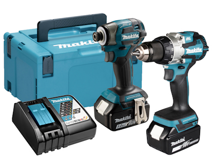 Makita verktygsset med skruvdragare, slagborr, batteriladdare och förvaringslåda.