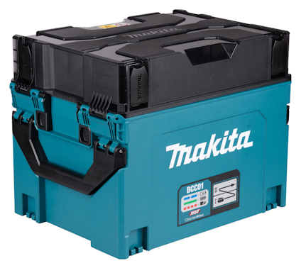 Turkos och svart Makita laddningsbox med handtag och lås. Märkt "BCC01" med batteriladdningsindikator.