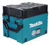 Makita laddningsbox med svart lock, turkos bas och handtag, märkning "BCC02" och "XGT".