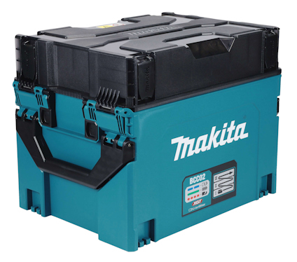 Makita laddningsbox med svart lock, turkos bas och handtag, märkning "BCC02" och "XGT".