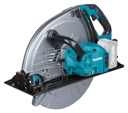 Cirkelsåg i metall och blå plast med runt blad, handtag och batterifack till höger. Märke: Makita.