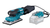 Planslipmaskin från Makita i blått och svart med batteri och sladdanslutning.