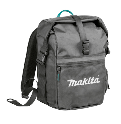 Grå ryggsäck med svart spänne, ficka med dragkedja och Makita-logotypen i vitt.