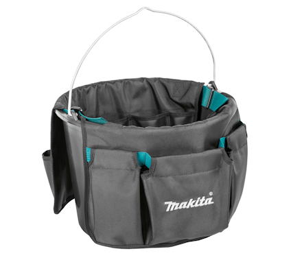 Svart verktygskorg med flera fickor och ett handtag, märkt med "Makita" i vitt.