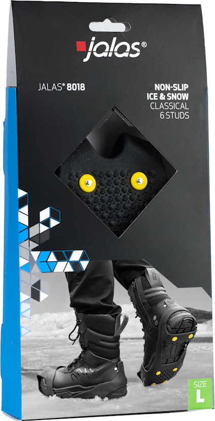 Förpackning med halkskydd Jalas 8018, bild på sko med dubbar, text "NON-SLIP ICE & SNOW CLASSICAL 6 STUDS", storlek L.