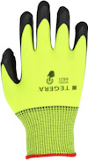 Gul arbetshandske med svart handflata, text "TEGERA MODEL 8821" och logotyp på handens baksida.