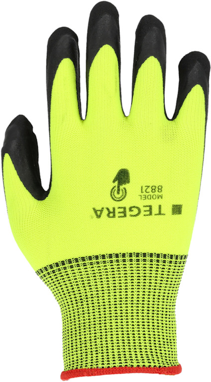 Gul arbetshandske med svart handflata, text "TEGERA MODEL 8821" och logotyp på handens baksida.